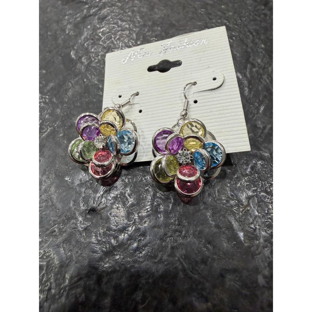 Silver Tone Multicolor Rhinestone Flower Dangle Earrings Statement Rainbow